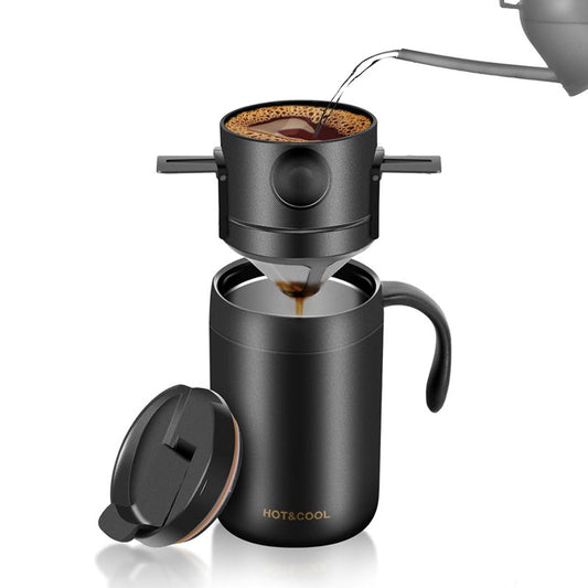 Portable hand-held coffee maker, stainless steel insulated cup