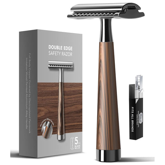 Men's razor with gold gold handle and wooden shaver